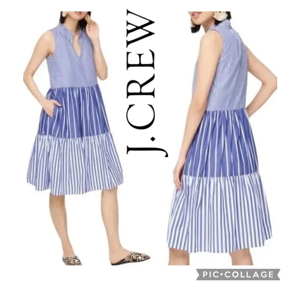 J.Crew Sleeveless tiered popover in mixed Stripe Blue Poplin Dress - Picture 1 of 16